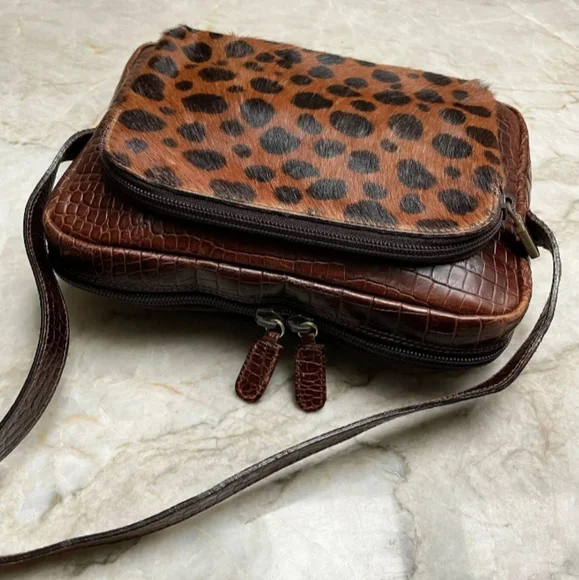 FURLA Croc Brown Leather Shoulder Crossbody Leopard Bag Made in Italy